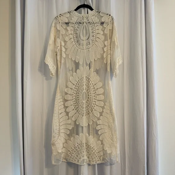 Rebellion Again Floral Lace Long Duster Layering Cardigan Cream Womens Small - Picture 3 of 9